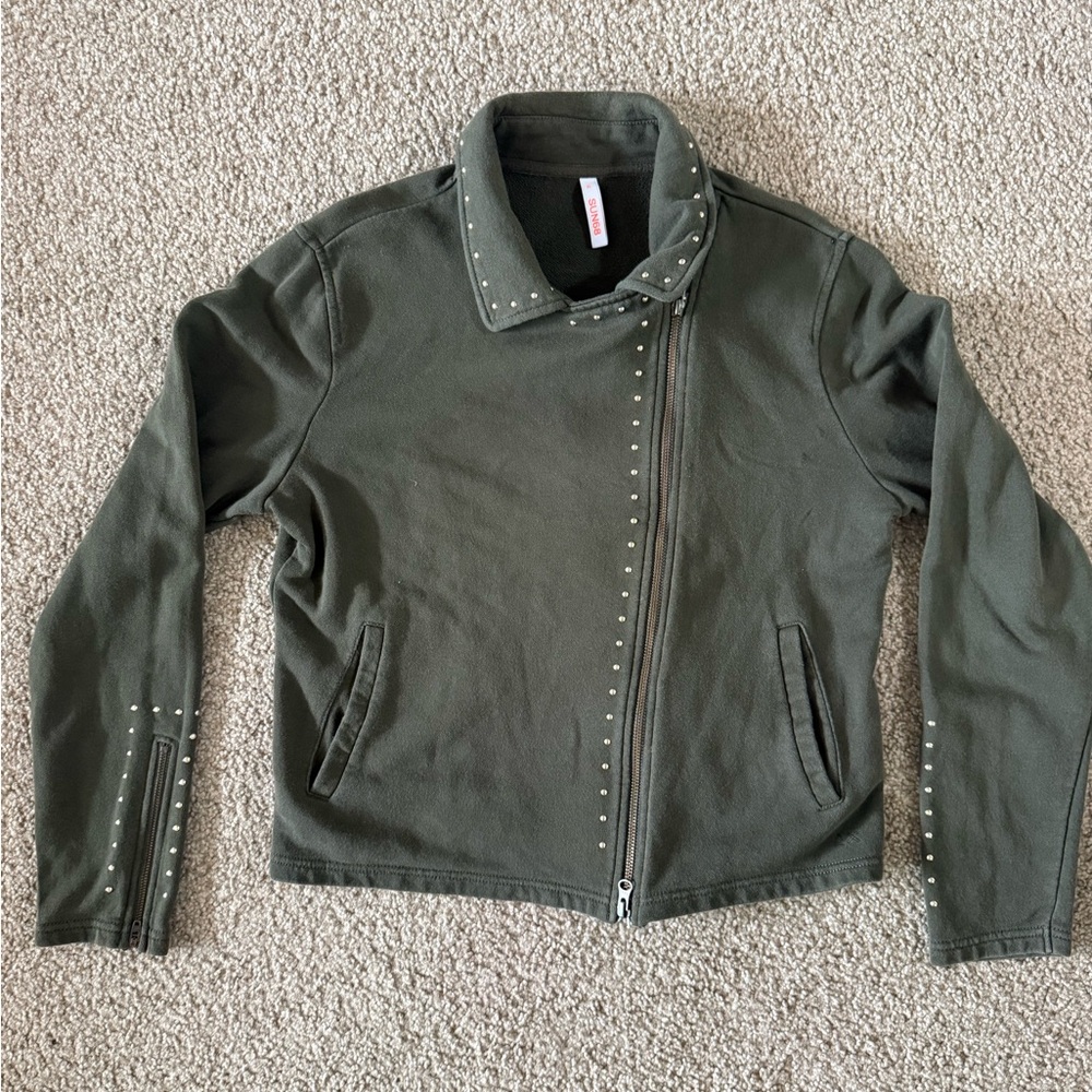 SUN68 Olive Studded Moto Zip Jacket size XL 100% Cotton Asymmetrical Zip